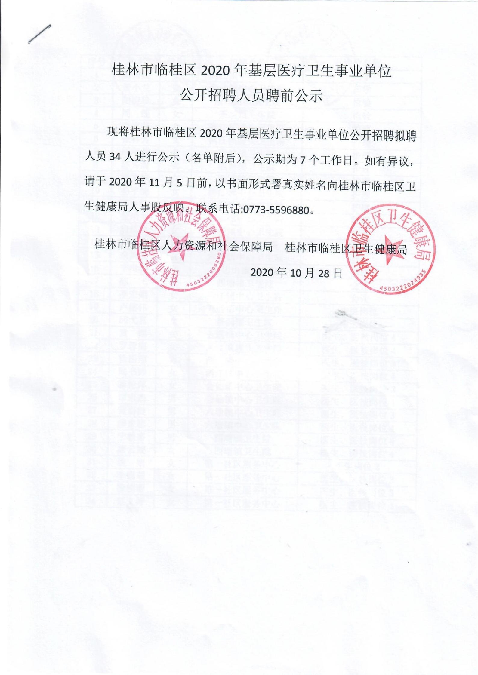 桂林市临桂区2020年基层医疗卫生事业单位公开招聘人员聘前公示